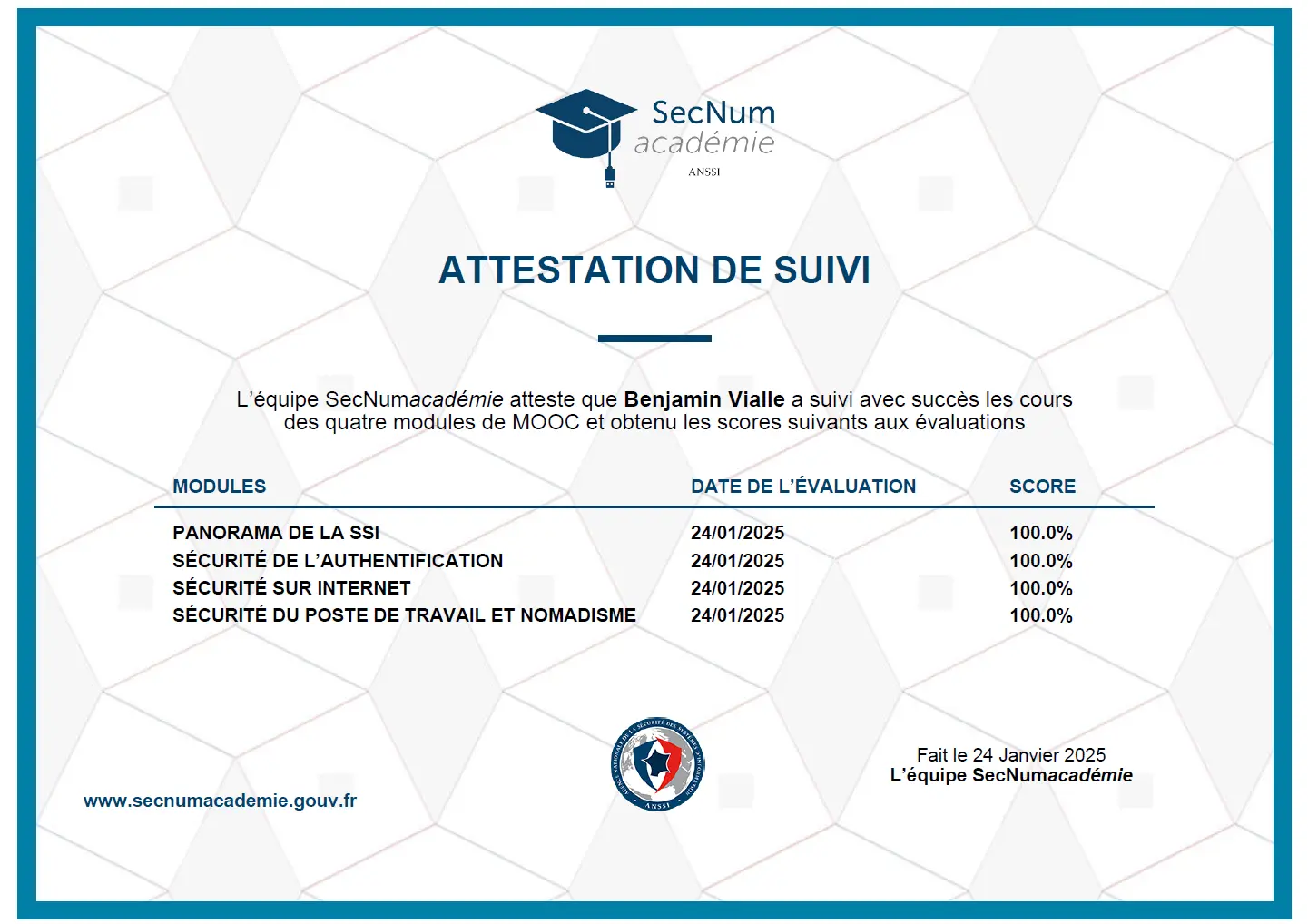 Attestation de suivi sur la sécurité informatique ANSSI de Benjamin Vialle 2025